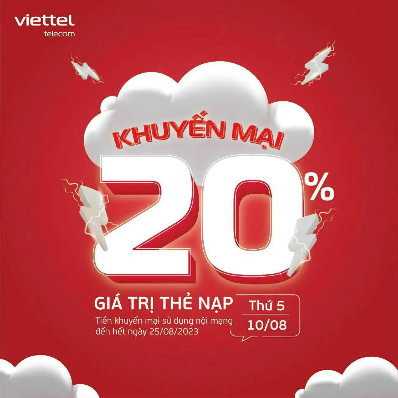 Ngày 10/08/2023, Viettel khuyến mại 20% tất cả các mệnh giá thẻ nạp